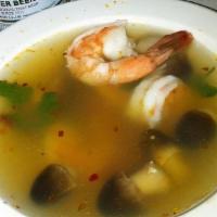 Tom Ka (Shrimp) / Large · Shrimp, mushrooms, green onions, and cilantro in a chili-lime coconut milk soup.
