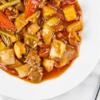 Sweet & Sour · Choice of meat stir-fried with pineapple chunks, sliced tomatoes, white onions, cucumbers, a...