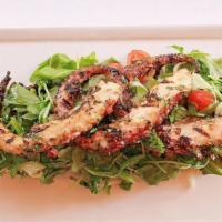Octopus Salad · grilled octopus with beluga lentils mixed with shallots & celery, arugula, fennel, and tomat...