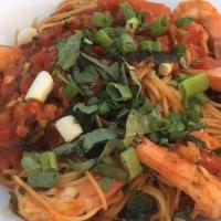 Shrimp Capellini Al Checca · angel hair pasta with diced tomatoes, garlic, scallions, chili flakes and basil, and  sautee...
