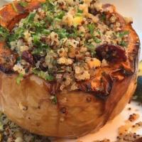 Butternut Squash · roasted butternut squash hallowed and filled with quinoa, chickpeas, zucchini, cranberries &...