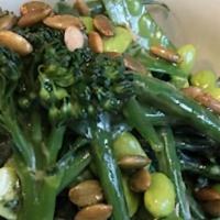 Greens On Greens · Vegan, Gluten-Free. broccolini, snow peas, green beans, asparagus, edamame, pumpkin seeds.