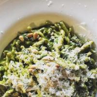 Trofie Al Pesto · fresh pasta, basil pesto, vegetables, pine nuts, parmigiano cheese.