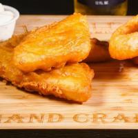 Fish & Rings · 3 pieces of Beer Battered Alaskan Cod served with a choice of side