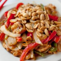 Kung Pao Chicken · Stir-fried chicken breast, red and green peppers, broccoli stalk, water chestnuts, jalapeños...