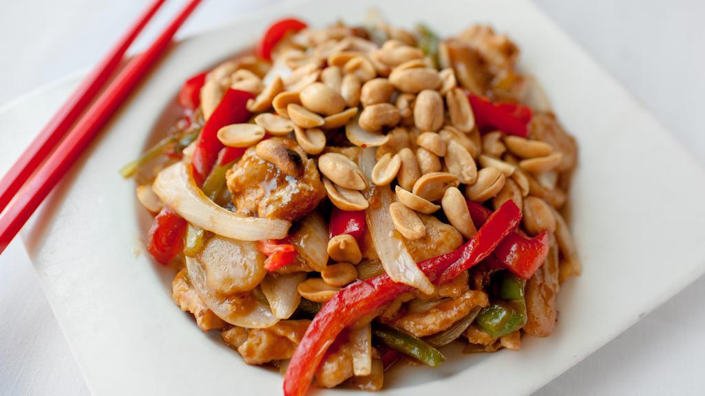 Kung Pao Chicken · Stir-fried chicken breast, red and green peppers, broccoli stalk, water chestnuts, jalapeños and peanuts