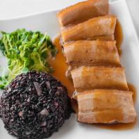 Braised Pork Belly · With black sticky rice, diced mushrooms and daikon sprouts