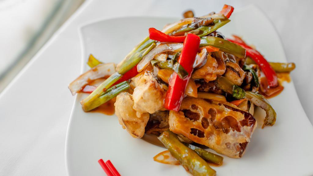 Szechuan Eggplant · Fried Chinese eggplant, served with a spicy Szechuan sauce, onions and peppers