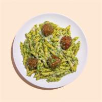 Penne Pesto With Meatballs · Four meatballs over penne with delicious pesto and fresh Parm.