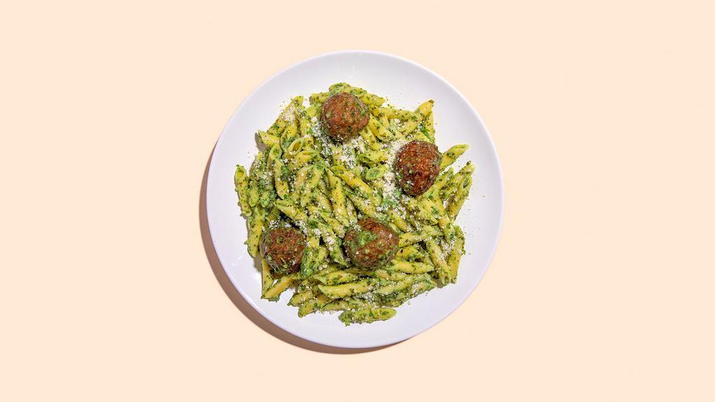 Penne Pesto With Meatballs · Four meatballs over penne with delicious pesto.