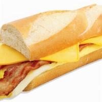 Bacon, Egg & Cheese Baguette · Served with American cheese.