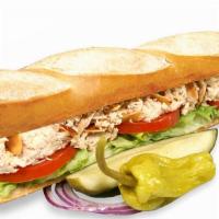 Tuna Almond Baguette Sandwich (No Cheese) · Served on a ten-inch baguette. Includes lettuce, tomato, and mayonnaise. Dill pickle spear, ...
