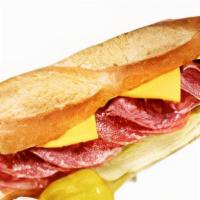 Salami & Cheese Baguette Sandwich · Served on a ten-inch baguette. Includes cheese, lettuce, tomato, and mayonnaise. Dill pickle...