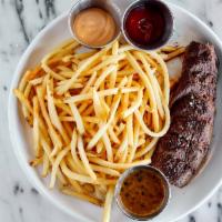 Steak Frites · Chimichurri or peppercorn sauce.