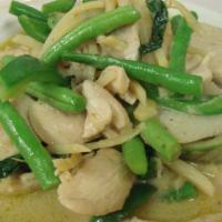 Green Curry*** · A choice of chicken, duck or shrimps sauteed in hot green curry sauce with string beans, bam...