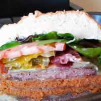 Chipotle Spicy Burger · Juicy Pepperjack cheese burger with chopped yellow peppers, tomato, lettuce, onions, jalapeñ...