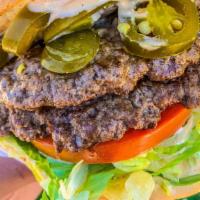 Chipotle Spicy Burger · Juicy Pepperjack cheese burger with chopped yellow peppers, tomato, lettuce, onions, jalapeñ...