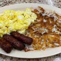 American Breakfast · 2 eggs with 3 sausage links, shredded hash brown and white toast.