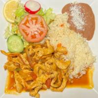Fajitas · Fajitas with choice of meat, served with rice, beans and tortillas.