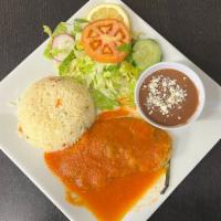 Chile Relleno-Queso · Cheese chile stuffed with rice, beans, salad, and two corn tortillas.