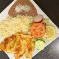 Pollo Plate · Chicken plate served with rice, beans, salad and tortillas