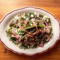 Blistered Snap Peas · pickled red onion, roja ranch, cotija
