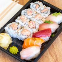 Combo B · Choice of roll (cut of hand) + 5 pieces sushi & miso soup or salad (1 pieces tuna, yellowtai...