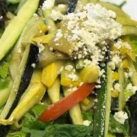 Large Grilled Vegetable Salad · Fresh romaine lettuce, grilled red and yellow peppers, yellow and green zucchini, eggplant a...