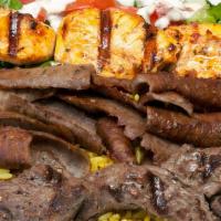Gyro Mix · Tender gyro meat, beef and chicken kabob.
