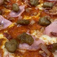 Meat Lovers · marinara sauce, mozzarella, pepperoni, italian sausage, bacon, soy chorizo.