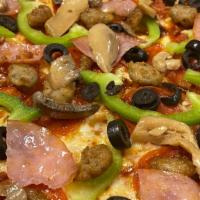 Super-Special · Marinara sauce, mozzarella, pepperoni, black olives, italian sausage, ham, mushrooms, green ...