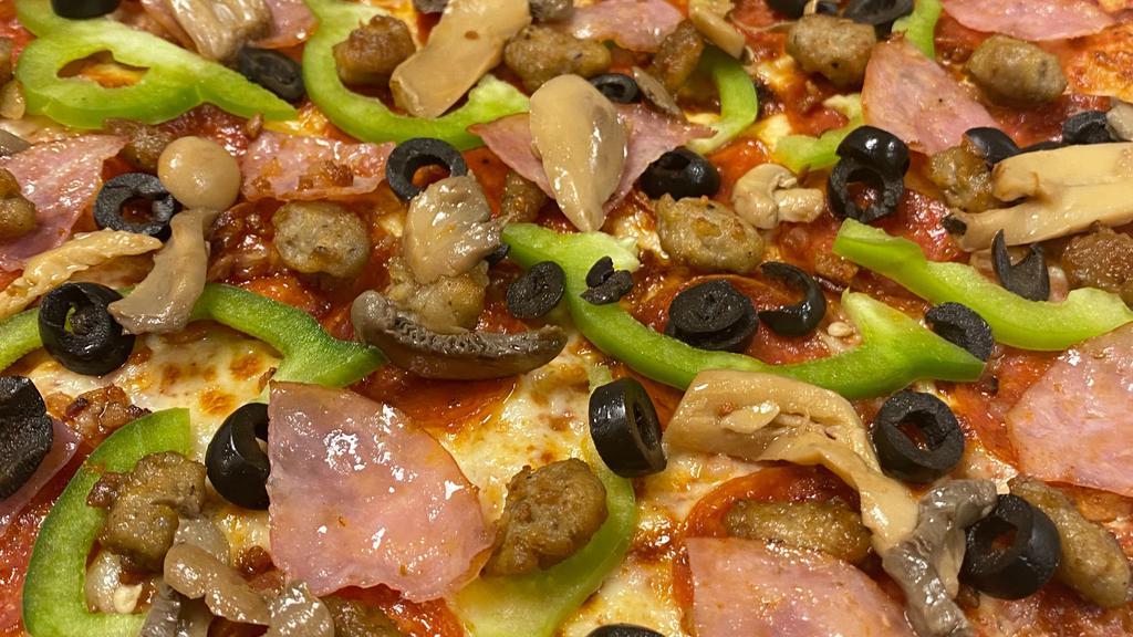 Super-Special · Marinara sauce, mozzarella, pepperoni, black olives, italian sausage, ham, mushrooms, green peppers.