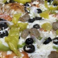 Mediterranean · Mediterranean sauce, mozzarella, sausage, bell peppers, olives, red onions, pepperoncinis an...