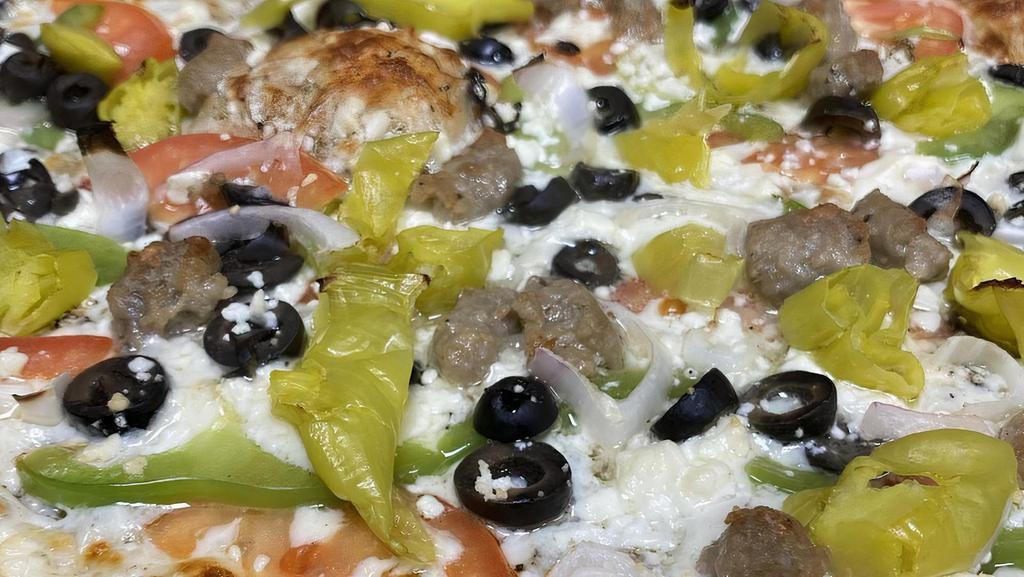 Mediterranean · Mediterranean sauce, mozzarella, sausage, bell peppers, olives, red onions, pepperoncinis and feta cheese.