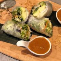 Avocado Fresh Roll · Avocado, mix greens, rice vermicelli noodles, cucumber, carrots wrapped with rice wrapper se...