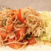 Papaya Salad · Spicy. Shredded green papaya, green bean. Tomato, carrot, tossed in lime dressing.
*SHRIMP A...