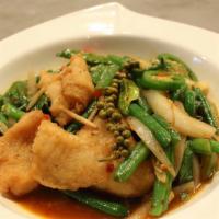 Pla Pad Cha · Deep-fried white fish fillet, stir-fried with garlic, kaffir lime leaves, young green pepper...