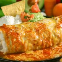 El Grande Burrito · Filled with chunks of beef, chicken, or pork, beans, sour cream, fresh guacamole, topped wit...