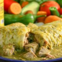 Chile Verde Burrito · Filled with chunks of pork in green sauce, beans, and cheese.
