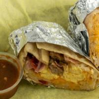 Breakfast Burritos · Hash brown, egg, cheddar cheese and choice of one meat ( sausage, bacon, ham or turkey) serv...