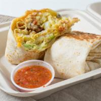Breakfast Burrito · Scrambled eggs, bacon, avocado, cheese, and potato wrapped in a flour tortilla.