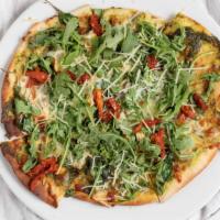 Napa Pizza · Baby artichokes, sun dried tomato, baby spinach, buffalo mozzarella, walnut pesto, parmesan ...