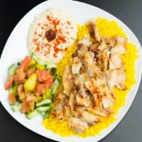 Chicken Shawarma · Rice, hummus, salad, tahini.