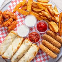 Deluxe Appetizer Combo · Wings, mozzarella sticks, cheese bread, and wedges.