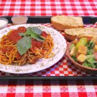 Spaghetti · Served with meat sauce, garlic bread and salad
