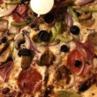 Deluxe Pizza · Pepperoni, sausage, bacon, mushrooms, red onions, black olives, bell peppers, and mozzarella...