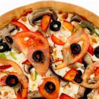 Vegetarian Pizza · Tomato, mushrooms, red onions, green pepper, black olives, and mozzarella cheese.