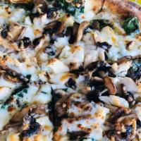 Chicken Pesto Pizza · Chicken, Mushrooms, Mozzarella Cheese, Pesto Sauce