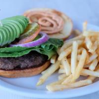 California Burger · 1/3 lb patty, served on Brioche buns, with spring mix, tomatoes, onions, pickles, avocado, c...