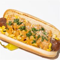 Elote Frank · Chipotle sausage served on a toasted bun, topped with sweet corn, chipotle mayo, cotija chee...